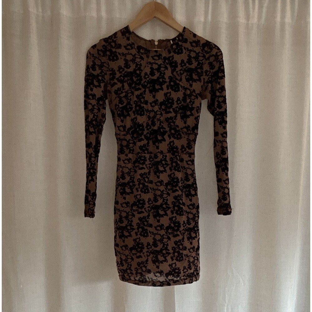 Windsor Women’s S Beige/Black Floral Mesh Bodycon Mini Dress Sheer Zip